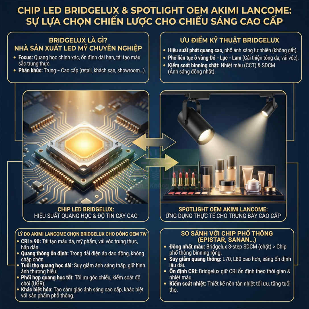 Infographic chip LED Bridgelux và đèn spotlight OEM Akimi Lancome cho chiếu sáng trưng bày mỹ phẩm cao cấp