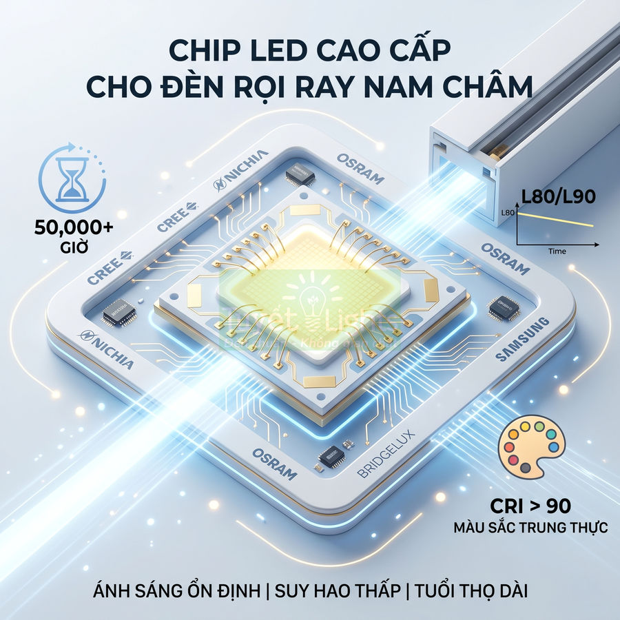 Chip LED cao cấp cho đèn rọi ray nam châm, tuổi thọ 50000 giờ, CRI trên 90, ánh sáng ổn định