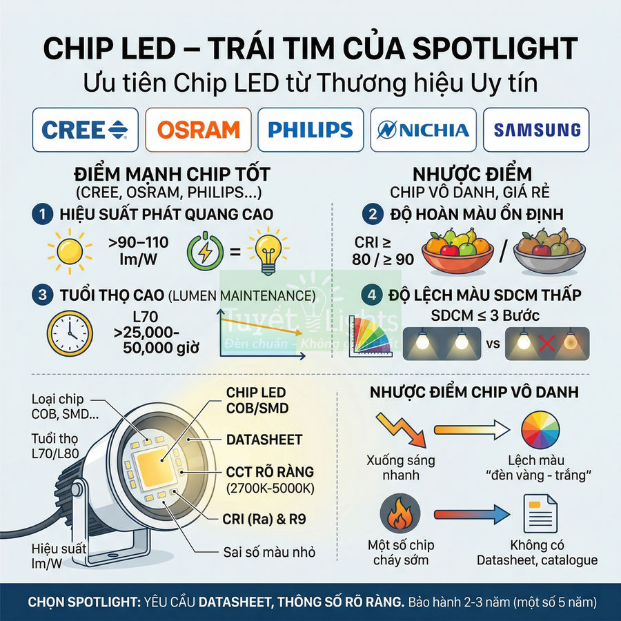 Infographic so sánh chip LED spotlight thương hiệu Cree, Osram, Philips, Nichia, Samsung với chip LED vô danh