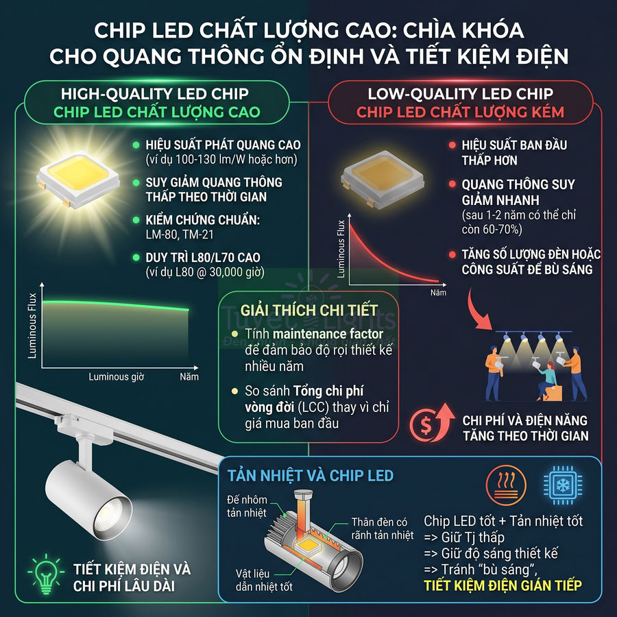 So sánh chip LED chất lượng cao và chip LED kém, minh họa hiệu suất sáng, tản nhiệt và tiết kiệm điện cho đèn LED