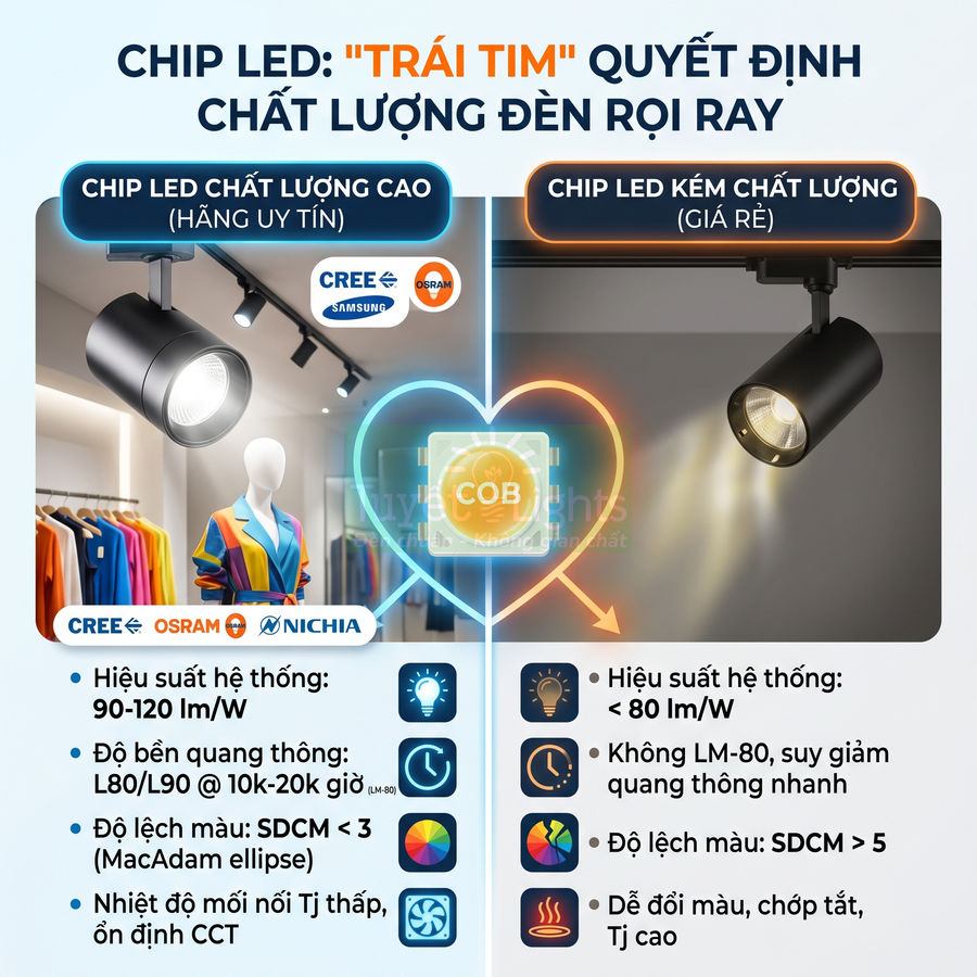 So sánh đèn rọi ray dùng chip LED COB cao cấp Cree Osram Nichia với đèn chip kém chất lượng
