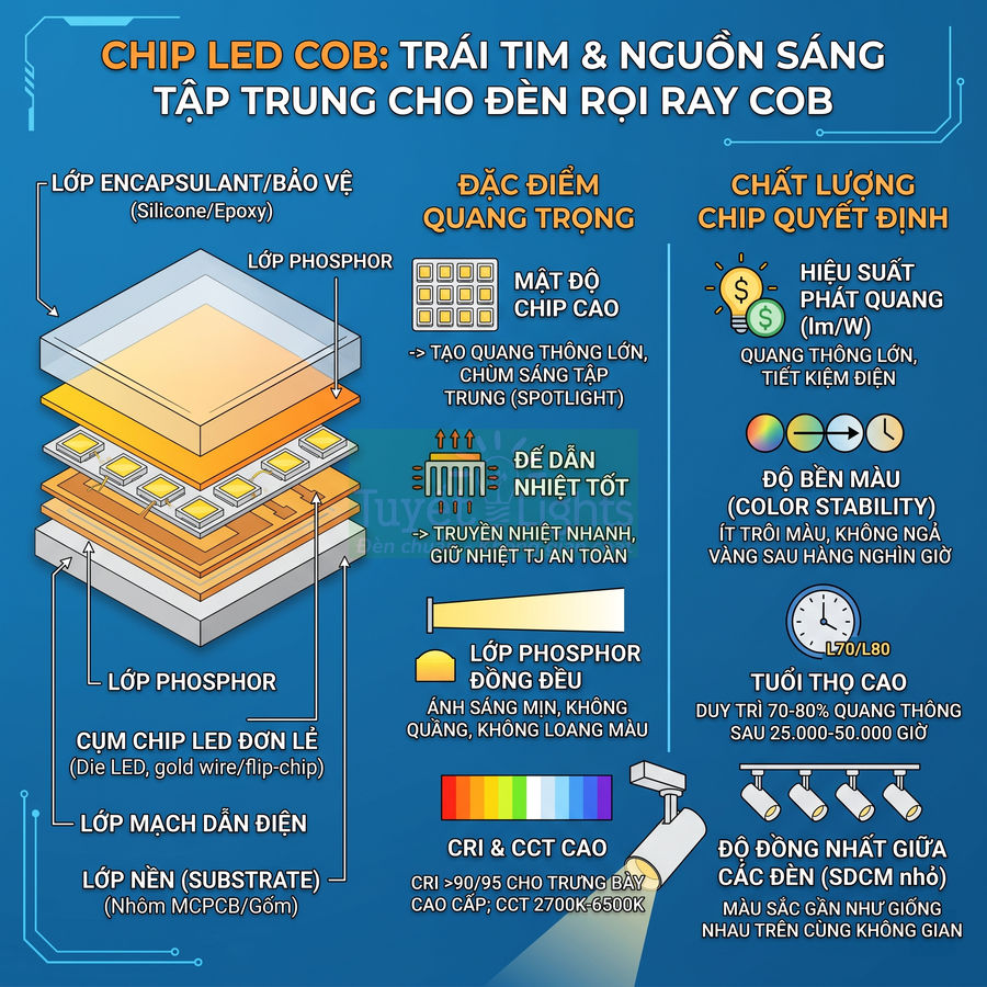 Cấu tạo chip LED COB cho đèn rọi ray với các lớp bảo vệ, lớp phosphor và cụm chip LED đơn lẻ