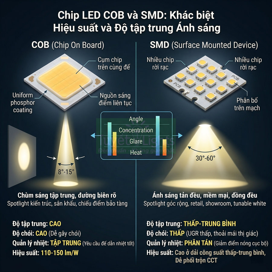 So sánh chip LED COB và SMD về cấu tạo, góc chiếu, độ tập trung và hiệu suất ánh sáng