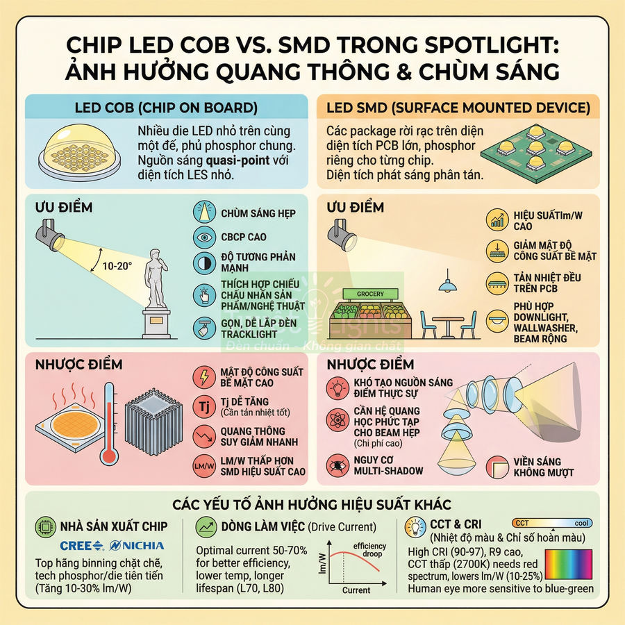 Infographic so sánh chip LED COB và LED SMD trong đèn spotlight, ưu nhược điểm và các yếu tố ảnh hưởng hiệu suất chiếu sáng