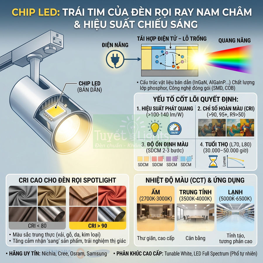 Infographic cấu tạo chip LED và ưu điểm đèn rọi ray nam châm, chỉ số CRI, nhiệt độ màu và ứng dụng chiếu sáng