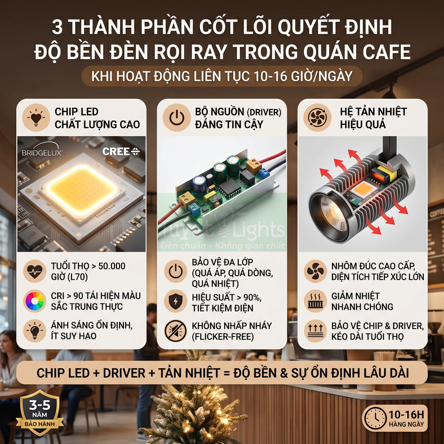 Infographic giới thiệu chip LED Bridgelux Cree, bộ nguồn driver và tản nhiệt cho đèn rọi ray quán cafe