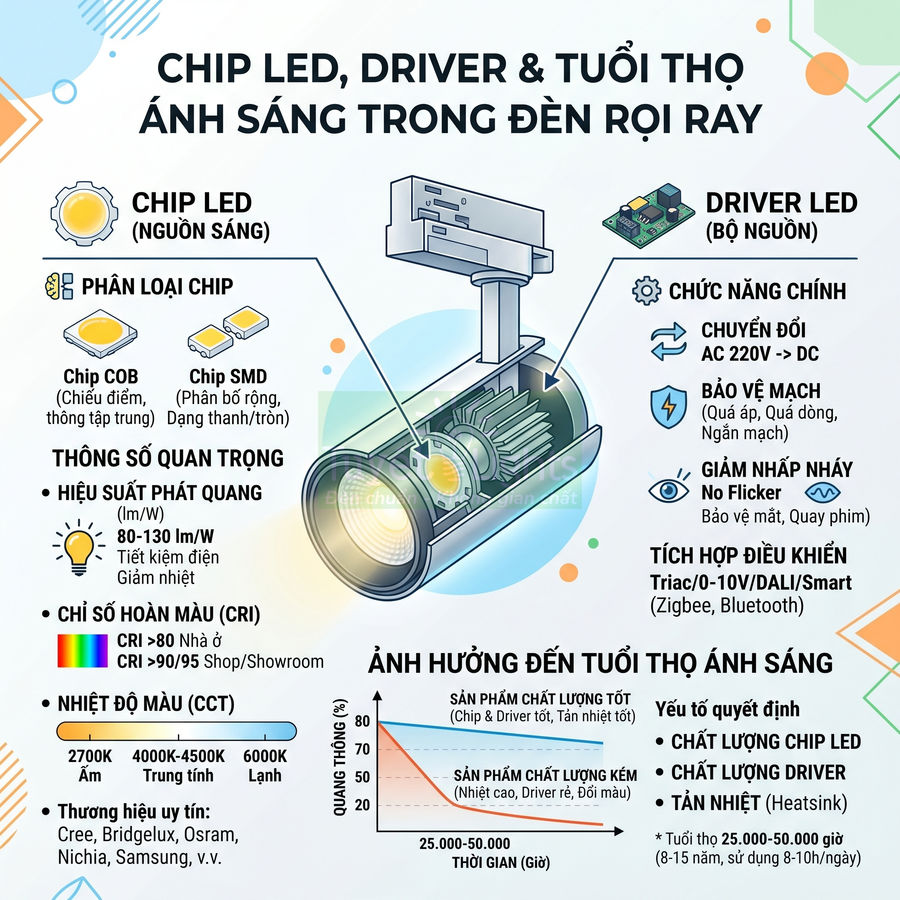 Cấu tạo chip LED và driver trong đèn rọi ray, thông số hiệu suất, CRI, nhiệt độ màu và tuổi thọ ánh sáng