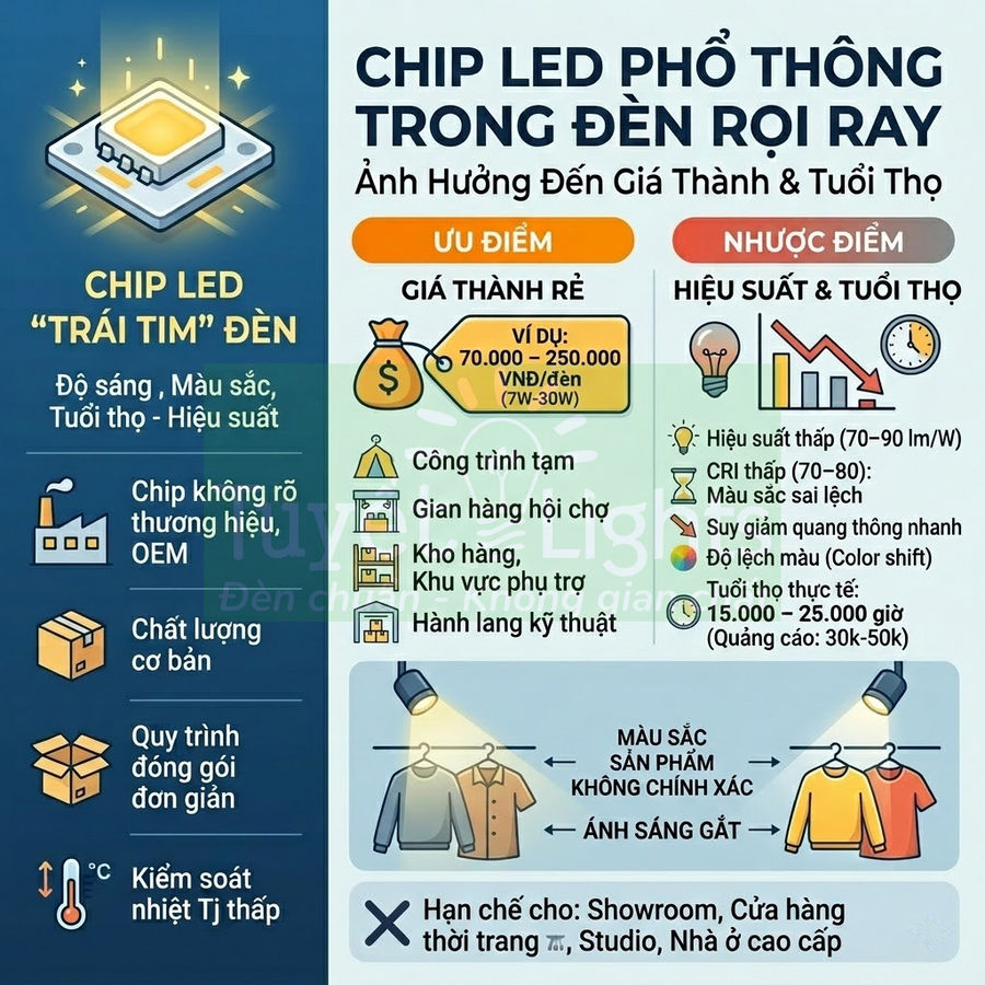 Infographic chip LED phổ thông trong đèn rọi ray, ưu nhược điểm, giá thành và ảnh hưởng đến màu sắc sản phẩm