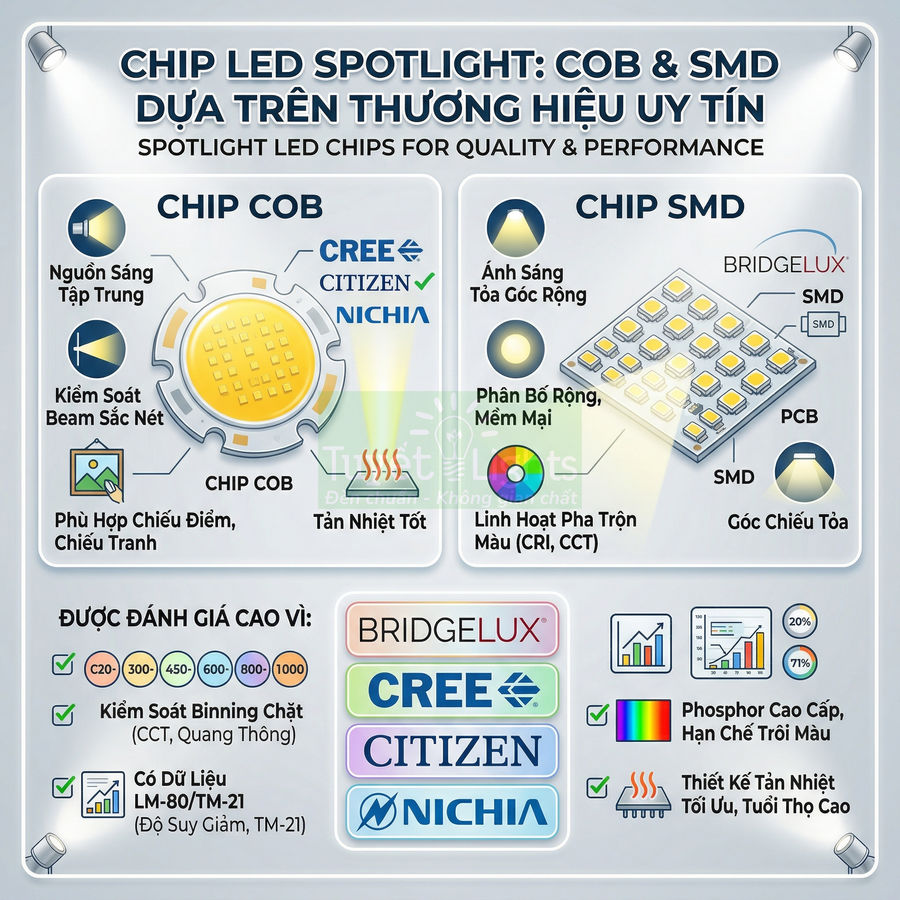 So sánh chip LED spotlight COB và SMD từ các thương hiệu Bridgelux, Cree, Citizen, Nichia cùng ưu điểm chiếu sáng