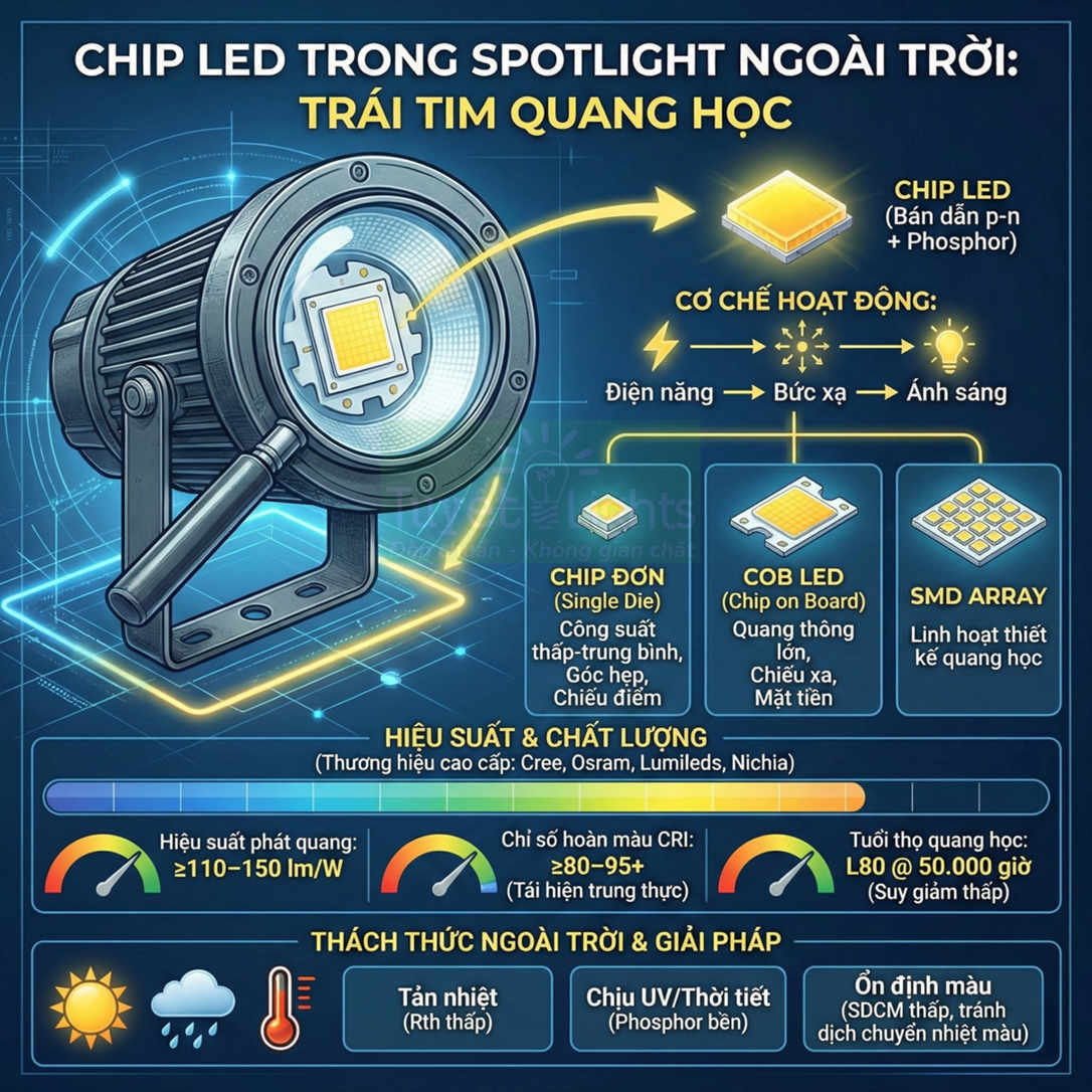 Cấu tạo chip LED trong đèn spotlight ngoài trời, các loại chip đơn, COB LED, SMD array và thông số hiệu suất chiếu sáng