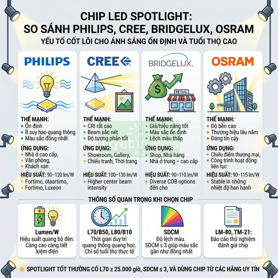 Infographic so sánh chip LED spotlight Philips, Cree, Bridgelux, Osram về ưu điểm, ứng dụng và hiệu suất chiếu sáng