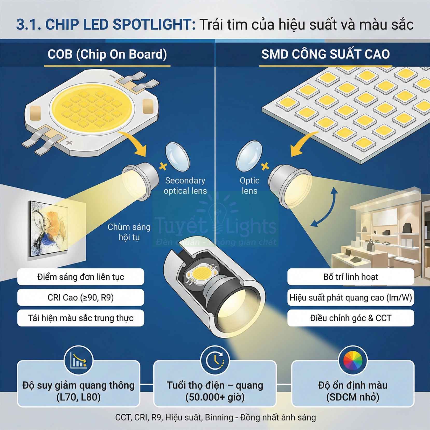 So sánh chip LED spotlight COB và SMD công suất cao của Tuyết Lights cho chiếu sáng nội thất