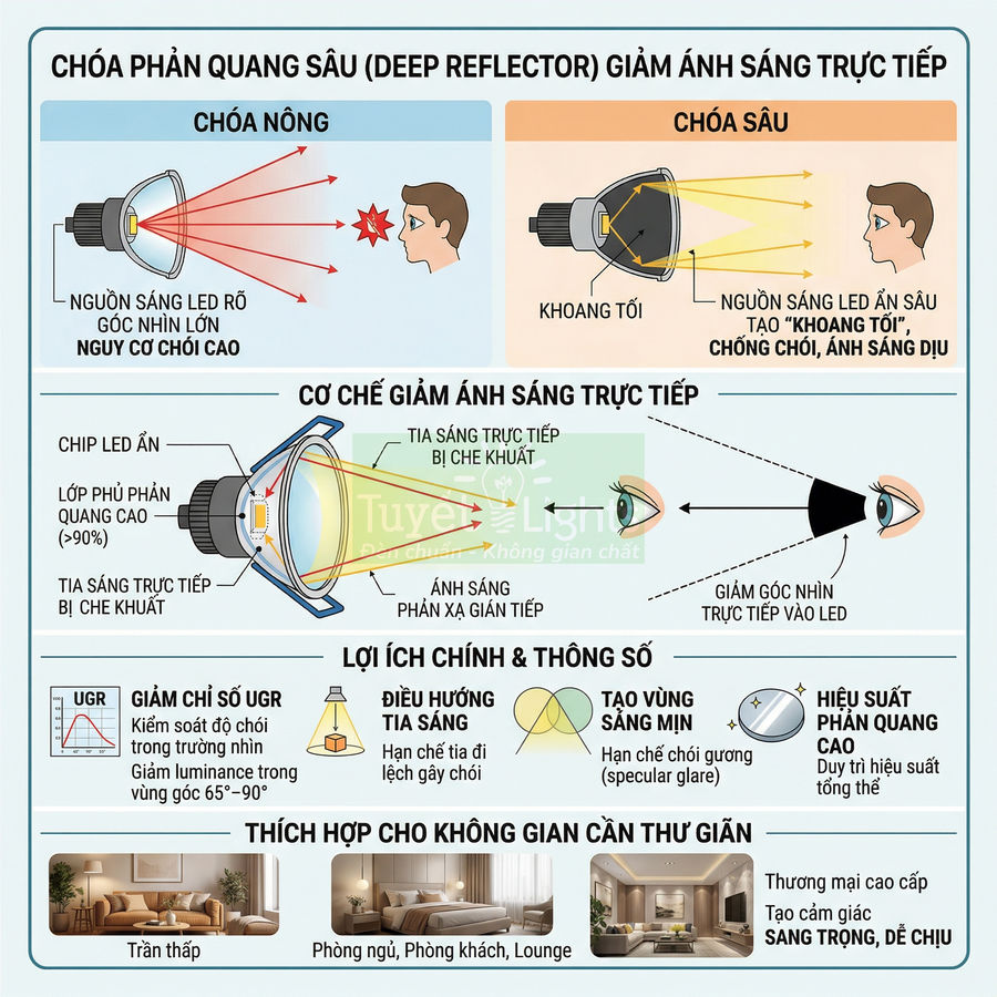 Minh họa cấu tạo chóa đèn LED phản quang sâu giảm chói, cơ chế giảm ánh sáng trực tiếp và ứng dụng cho không gian thư giãn
