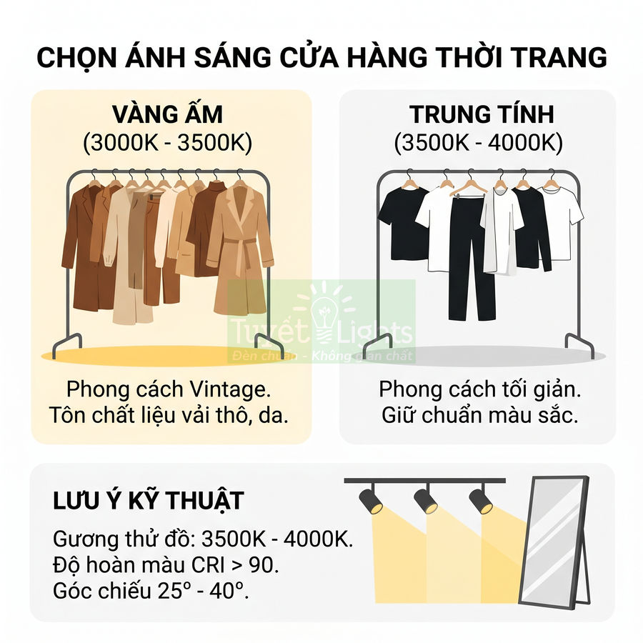 Hướng dẫn chọn ánh sáng vàng ấm và trung tính cho cửa hàng thời trang, kèm lưu ý kỹ thuật chiếu sáng