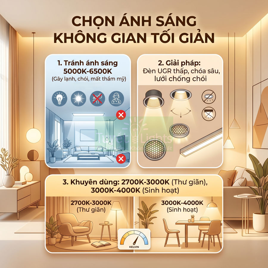 Hướng dẫn chọn nhiệt độ màu đèn LED cho không gian tối giản, gợi ý dùng ánh sáng 2700K đến 4000K