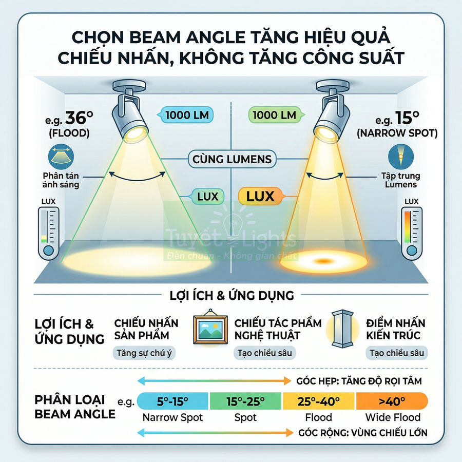 Đèn chiếu rọi Tuyết Lights minh họa các góc chiếu beam angle khác nhau để tăng hiệu quả chiếu nhấn
