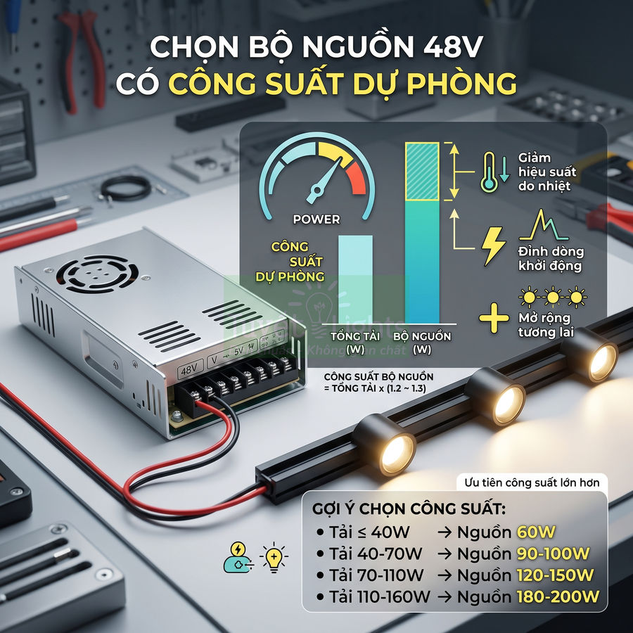 Bộ nguồn 48V cấp điện cho dải đèn LED kèm biểu đồ hướng dẫn chọn công suất dự phòng