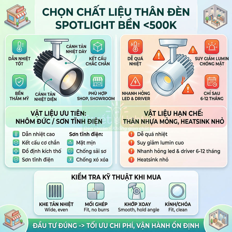 Hướng dẫn chọn chất liệu thân đèn spotlight bền dưới 500k, so sánh nhôm đúc sơn tĩnh điện và thân nhựa mỏng