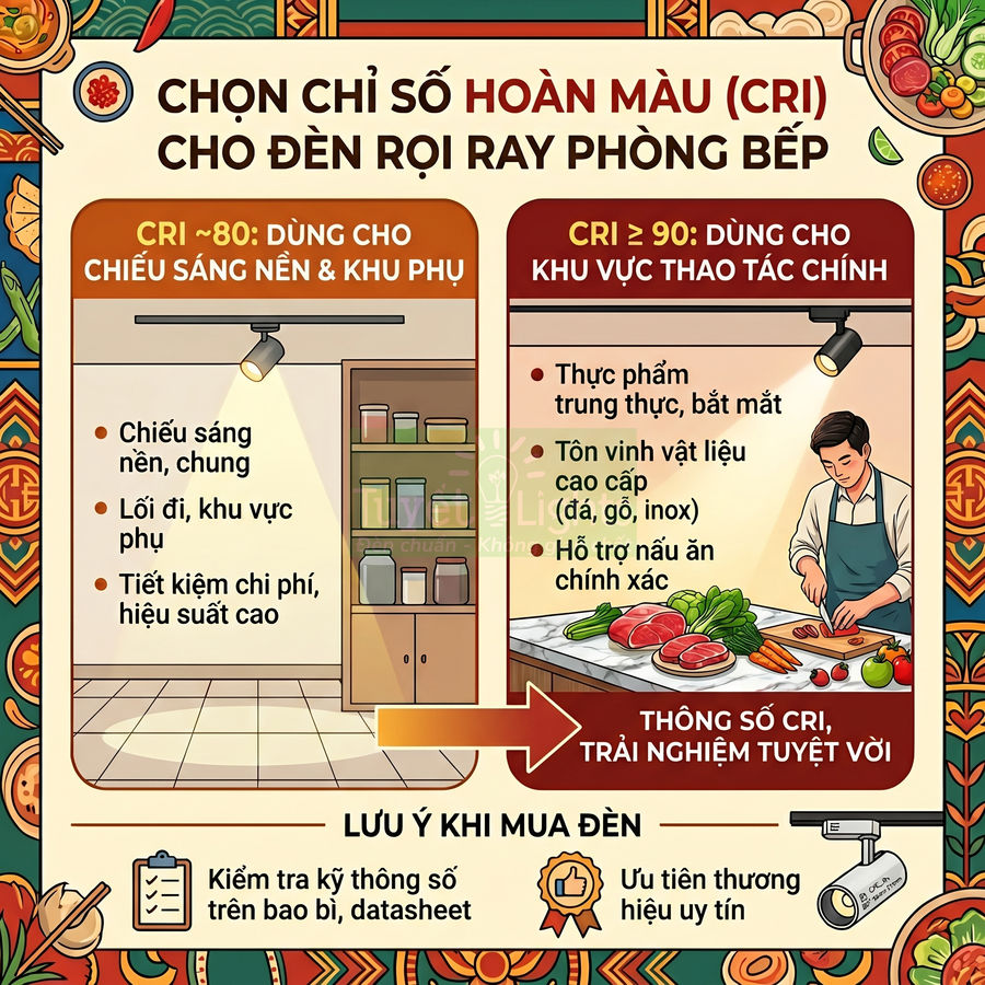 Infographic hướng dẫn chọn chỉ số hoàn màu CRI cho đèn rọi ray phòng bếp và lưu ý khi mua đèn