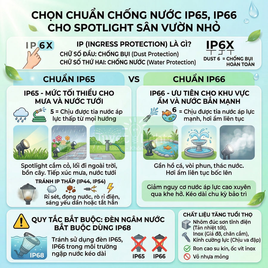 Infographic so sánh chuẩn chống nước IP65 IP66 IP68 cho đèn spotlight sân vườn ngoài trời