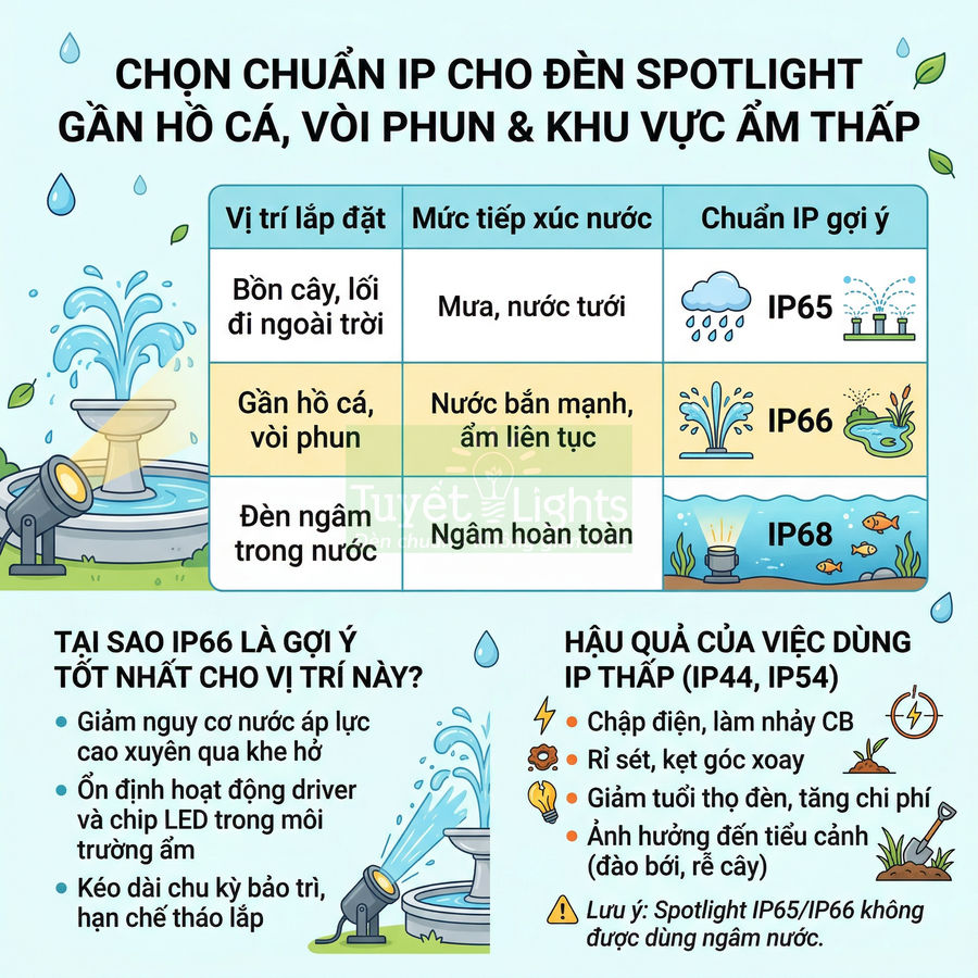 Bảng hướng dẫn chọn chuẩn IP cho đèn spotlight ngoài trời gần hồ cá, vòi phun và khu vực ẩm ướt