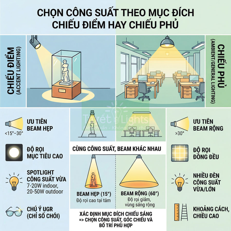 Infographic hướng dẫn chọn công suất và góc chiếu đèn LED cho chiếu điểm và chiếu phủ trong nhà