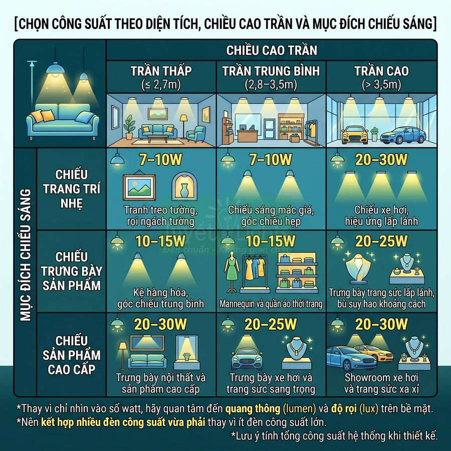 Bảng hướng dẫn chọn công suất đèn LED theo chiều cao trần và mục đích chiếu sáng cho trang trí và trưng bày sản phẩm