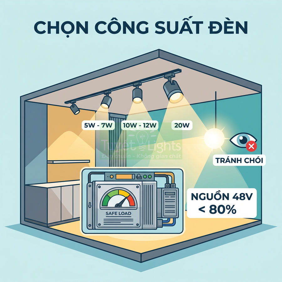 Minh họa chọn công suất đèn LED rọi ray và đèn treo trần với nguồn 48V an toàn, tránh chói mắt