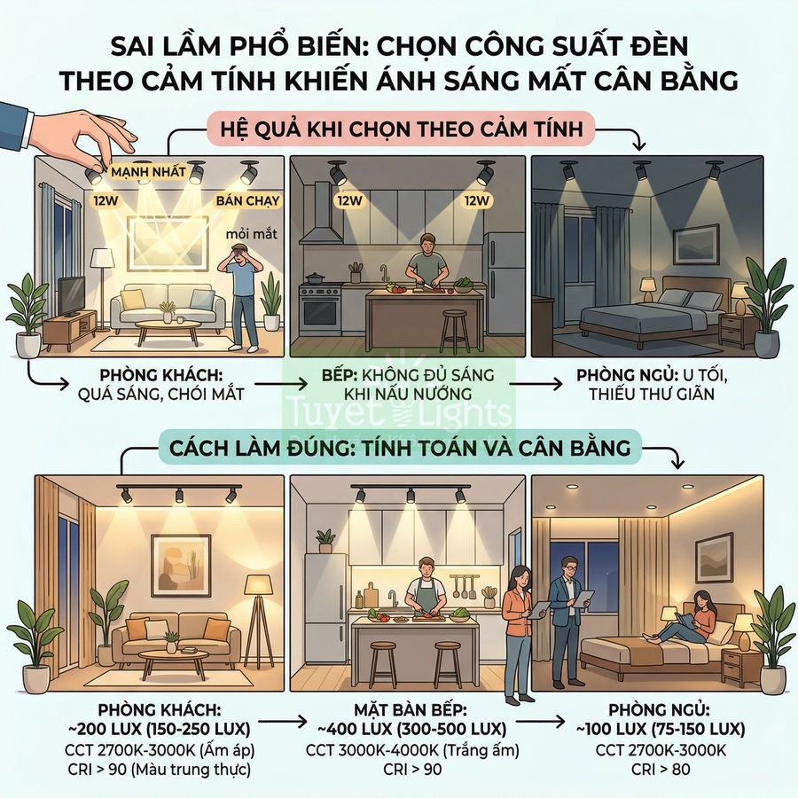 Infographic hướng dẫn chọn công suất và độ sáng đèn LED phù hợp cho phòng khách, bếp và phòng ngủ