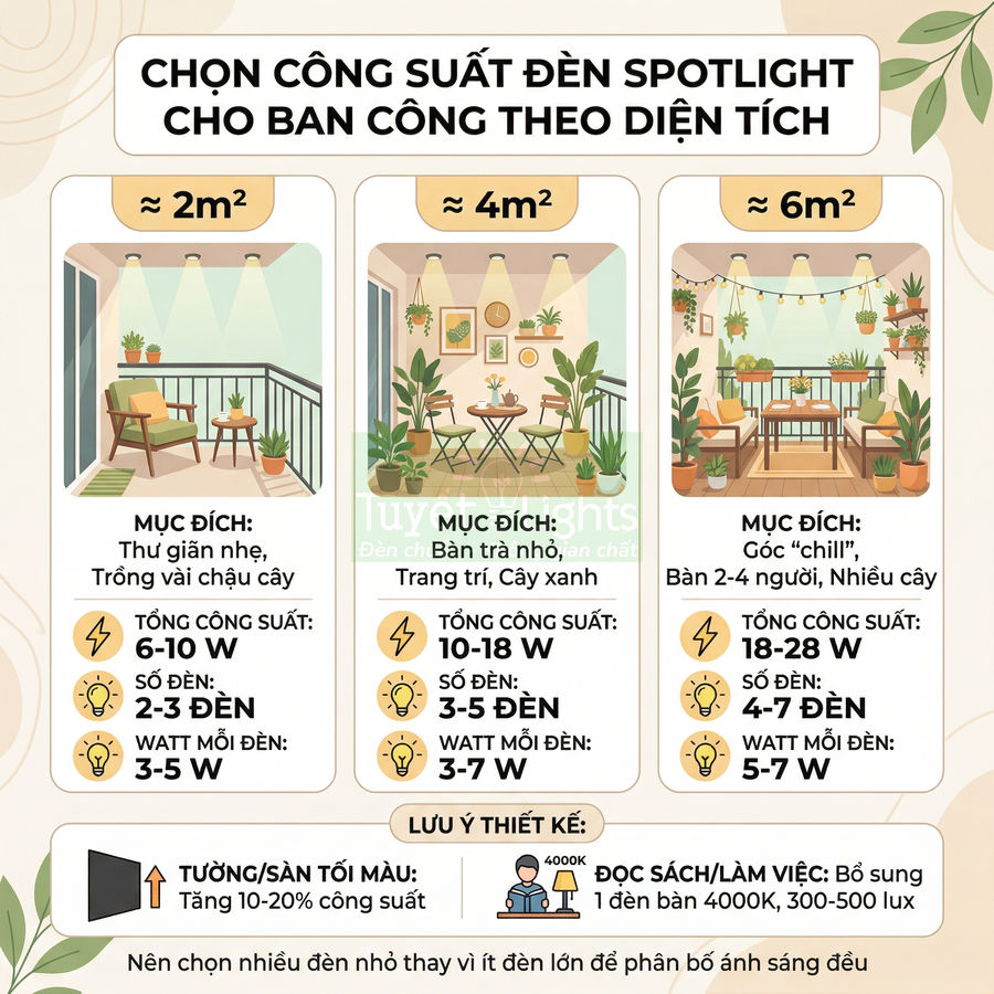 Hướng dẫn chọn công suất đèn spotlight cho ban công 2m2 4m2 6m2 theo số lượng và watt mỗi đèn