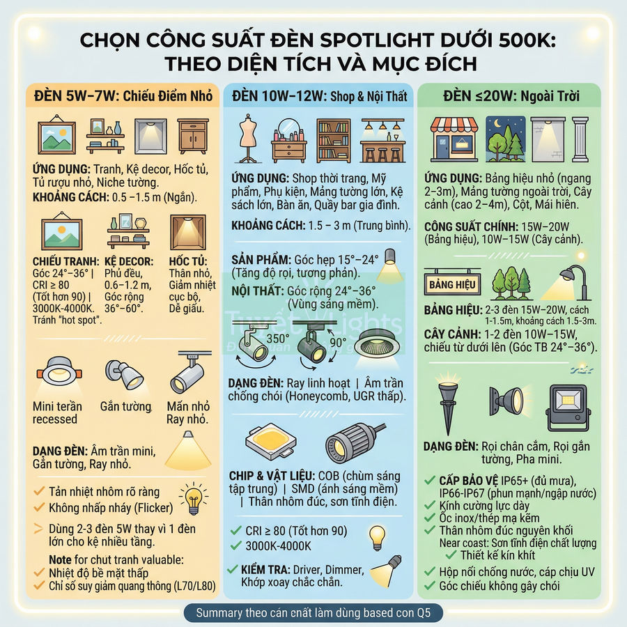 Bảng hướng dẫn chọn công suất đèn spotlight dưới 500k theo diện tích và mục đích sử dụng trong nhà và ngoài trời