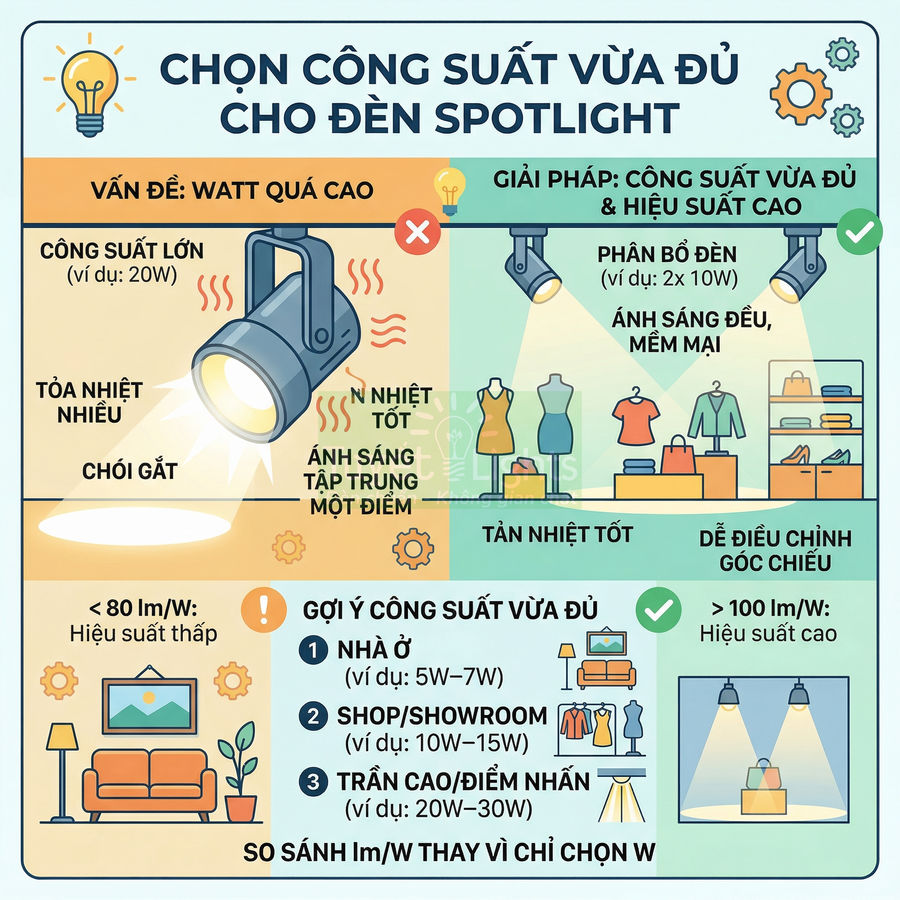 Infographic hướng dẫn chọn công suất phù hợp cho đèn spotlight LED trong nhà và shop showroom