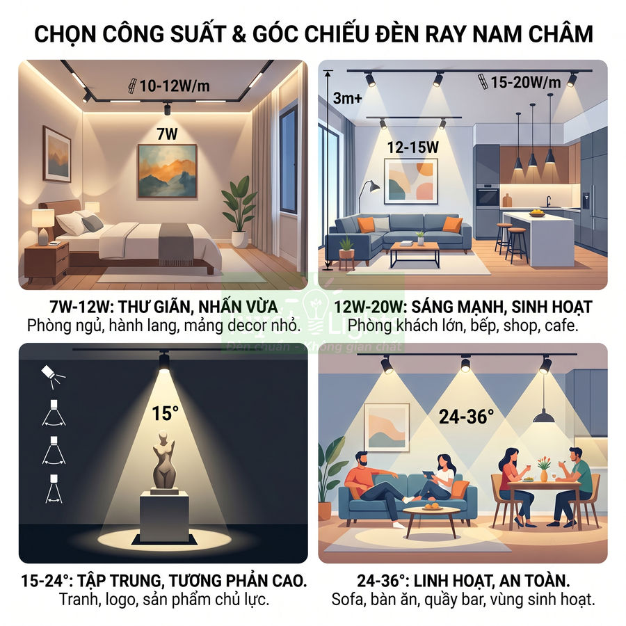 Hướng dẫn chọn công suất và góc chiếu đèn ray nam châm cho phòng ngủ, phòng khách, bếp và khu trưng bày
