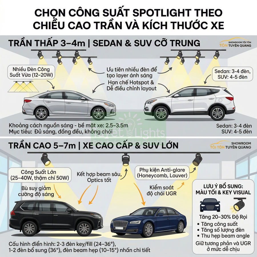 Hướng dẫn chọn công suất đèn spotlight cho showroom ô tô sedan, SUV cỡ trung và xe cao cấp, SUV lớn theo chiều cao trần