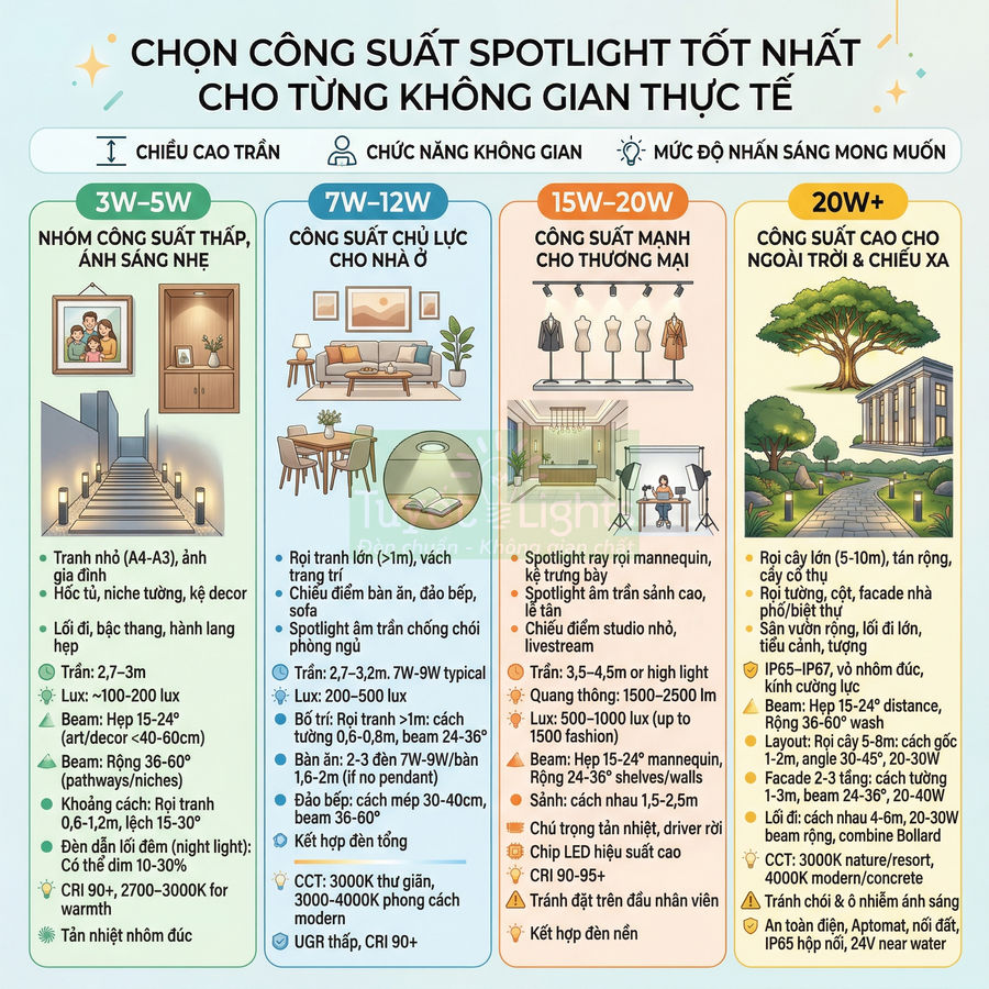 Infographic hướng dẫn chọn công suất đèn spotlight LED 3W đến 20W cho từng không gian nhà ở và thương mại