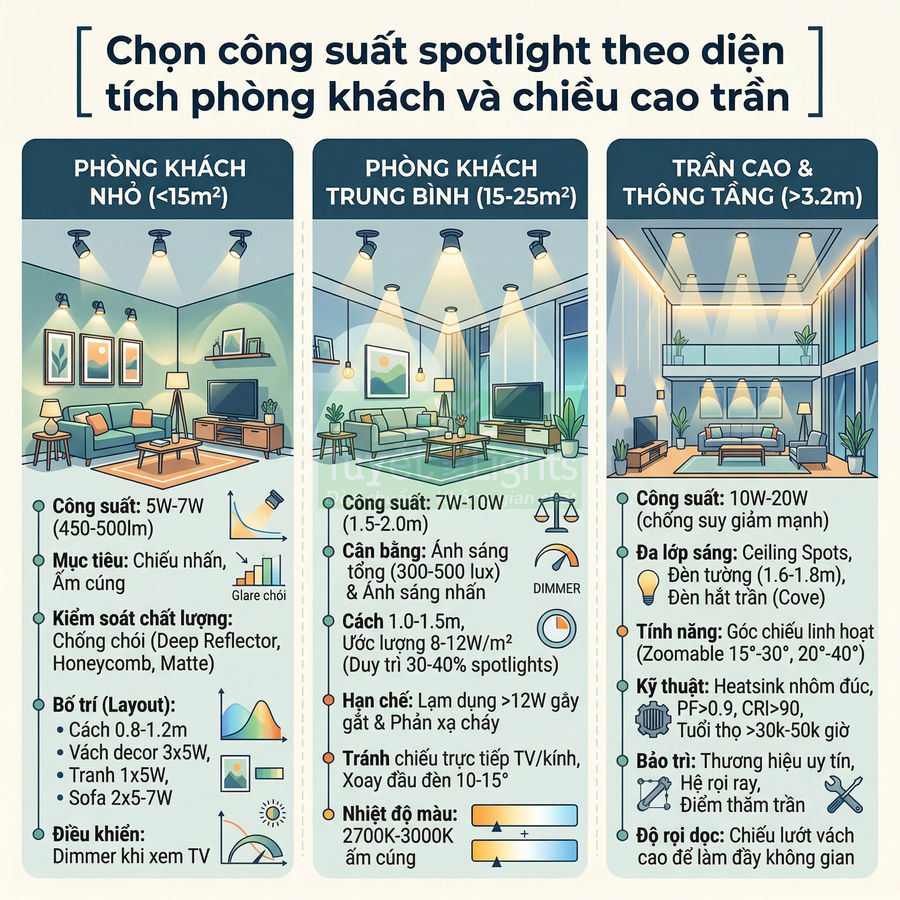 Hướng dẫn chọn công suất đèn spotlight phòng khách theo diện tích phòng và chiều cao trần