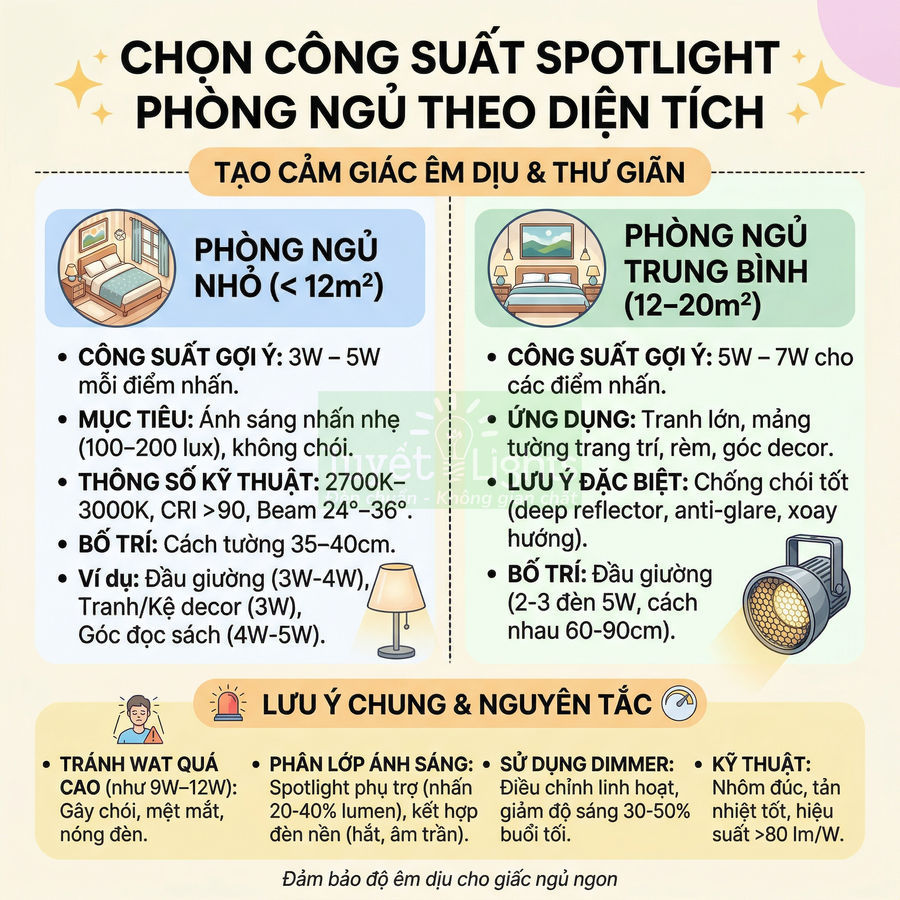 Hướng dẫn chọn công suất đèn spotlight phòng ngủ nhỏ và trung bình để tạo ánh sáng êm dịu, chống chói
