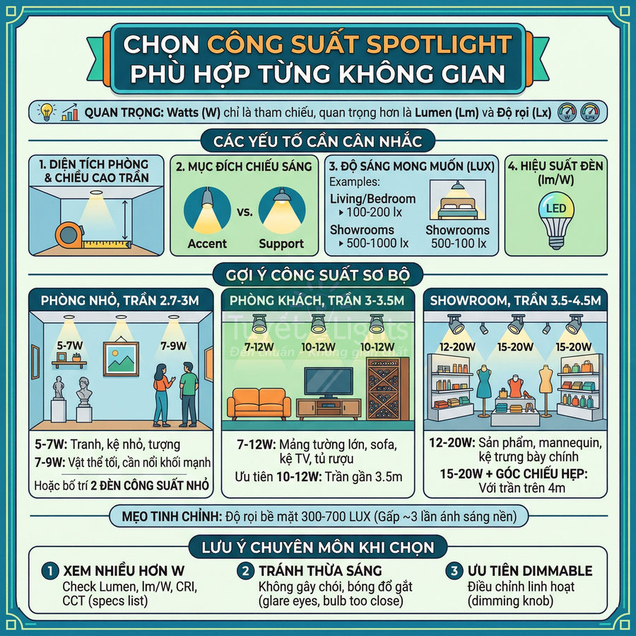 Infographic hướng dẫn chọn công suất đèn spotlight LED phù hợp cho phòng nhỏ, phòng khách và showroom