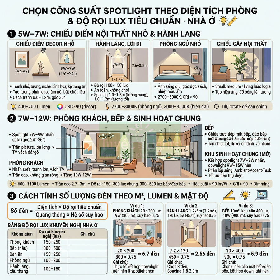 Hướng dẫn chọn công suất và số lượng đèn spotlight theo diện tích phòng và độ rọi lux tiêu chuẩn cho nhà ở
