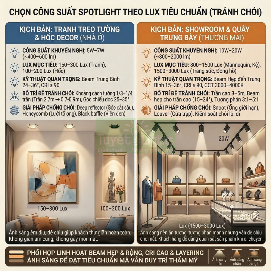 Hướng dẫn chọn công suất đèn spotlight theo lux tiêu chuẩn cho tranh treo tường và showroom trưng bày