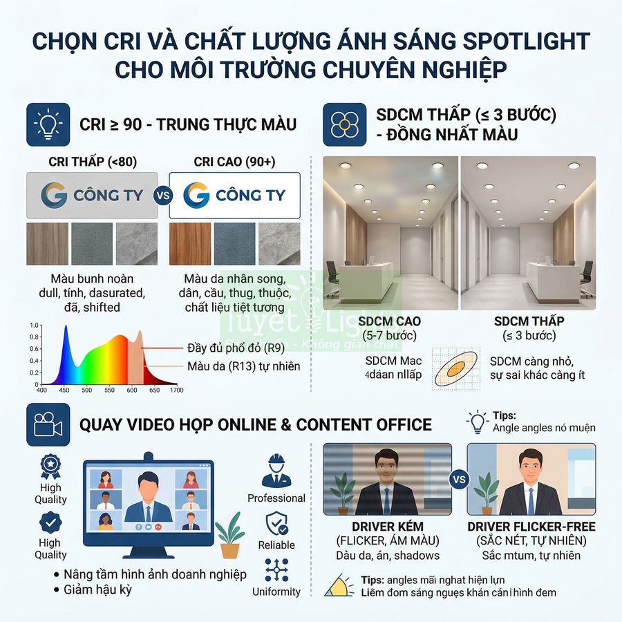 Infographic hướng dẫn chọn CRI và chất lượng ánh sáng đèn spotlight cho văn phòng, quay video họp online và content office