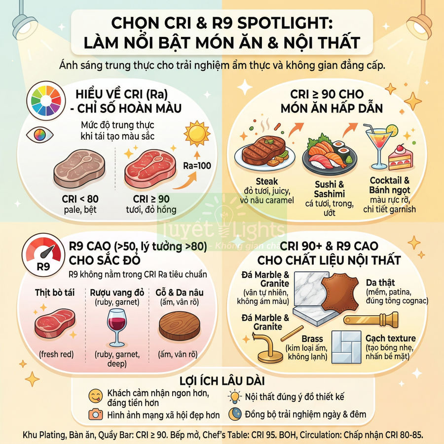Infographic hướng dẫn chọn đèn spotlight CRI và R9 cao để làm nổi bật món ăn và chất liệu nội thất