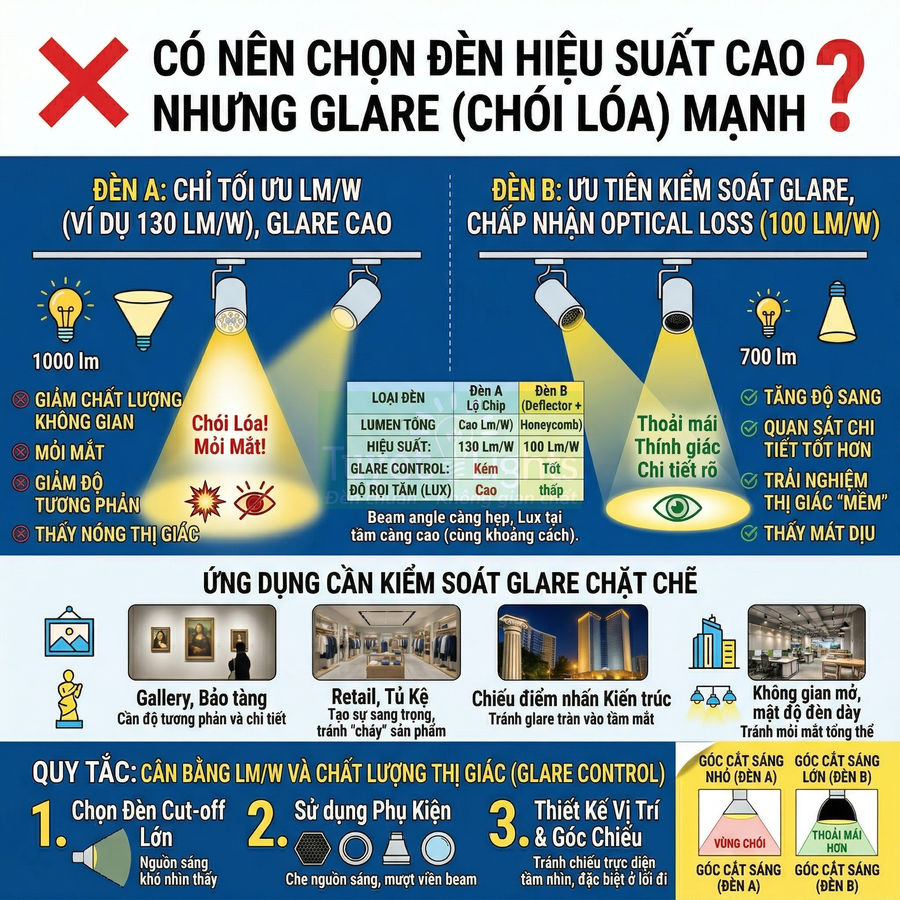 Infographic so sánh đèn LED hiệu suất cao gây chói lóa với đèn LED kiểm soát glare cho không gian trưng bày