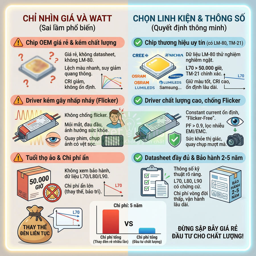 Infographic so sánh chip LED, driver và linh kiện đèn giá rẻ kém chất lượng với linh kiện LED thương hiệu uy tín