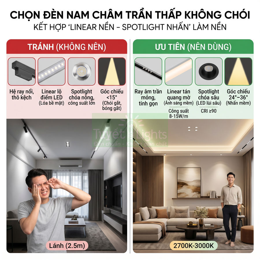 So sánh cách chọn đèn nam châm trần thấp chống chói cho phòng khách hiện đại, tránh lóa mắt