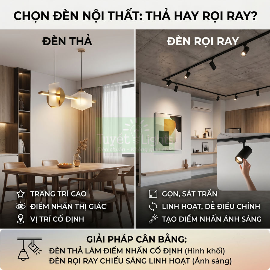 So sánh đèn thả trang trí bàn ăn và đèn rọi ray trần nhà trong không gian nội thất hiện đại