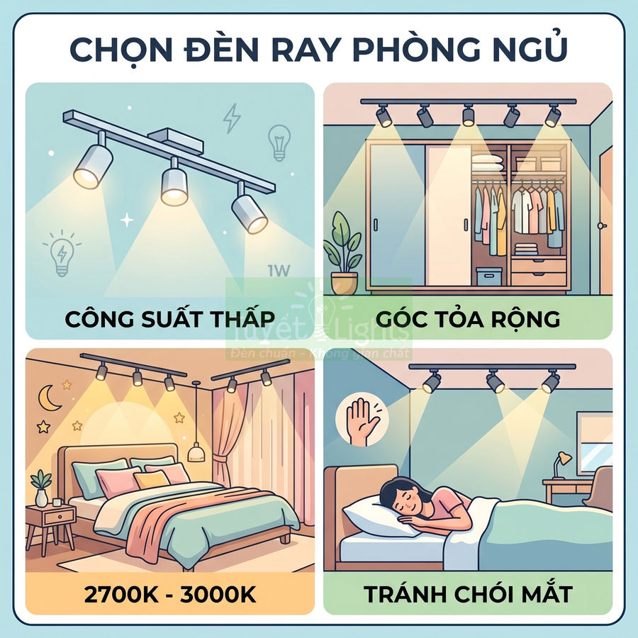 Hướng dẫn chọn đèn ray phòng ngủ với công suất thấp, góc tỏa rộng, ánh sáng 2700K 3000K và tránh chói mắt