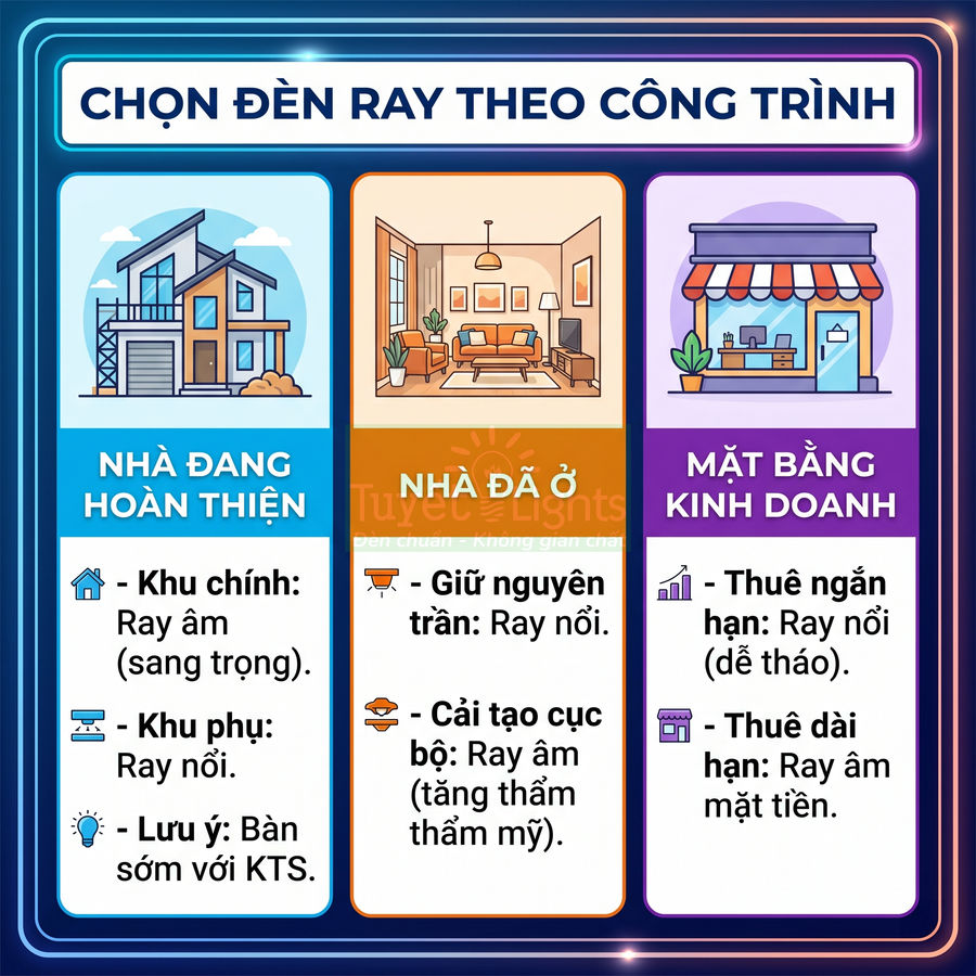Hướng dẫn chọn đèn ray âm và ray nổi cho nhà đang hoàn thiện, nhà đã ở và mặt bằng kinh doanh