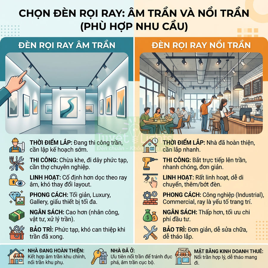 Infographic so sánh đèn rọi ray âm trần và đèn rọi ray nổi trần cho nhà ở, quán cafe, mặt bằng kinh doanh