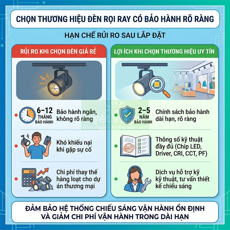 Infographic so sánh rủi ro khi chọn đèn rọi ray giá rẻ và lợi ích chọn đèn rọi ray thương hiệu uy tín